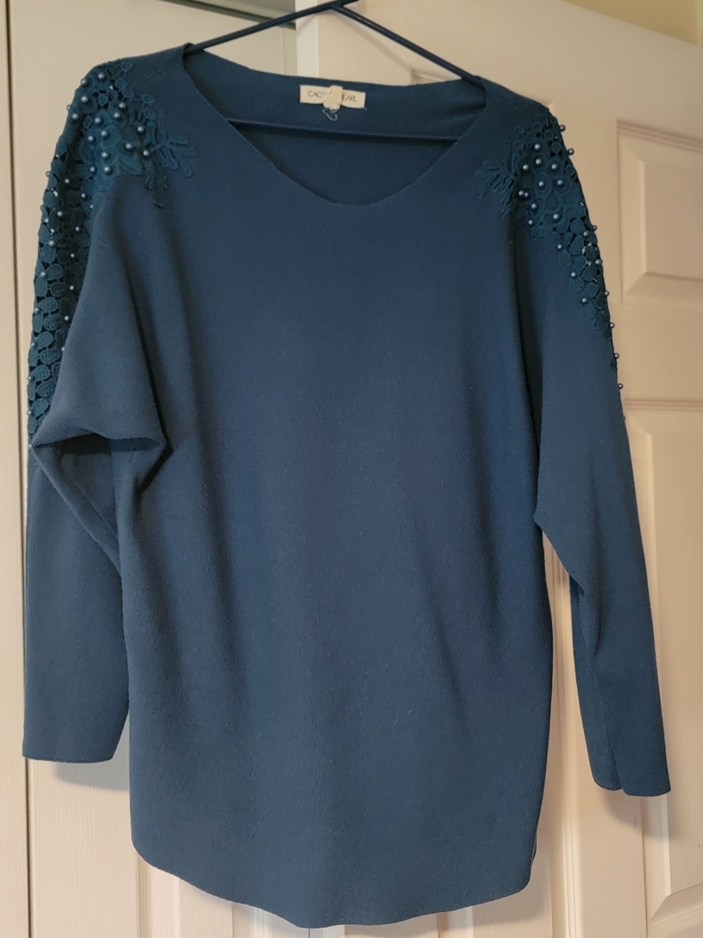 Teal Scoop Neck Sweater with Beaded/lace Shoulder & Sleeve